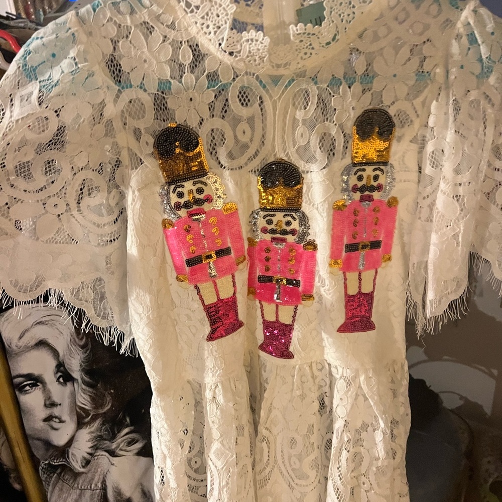 Judith March White Lace Blouse with Pink and Gold Nutcracker Design RUNS SMALL